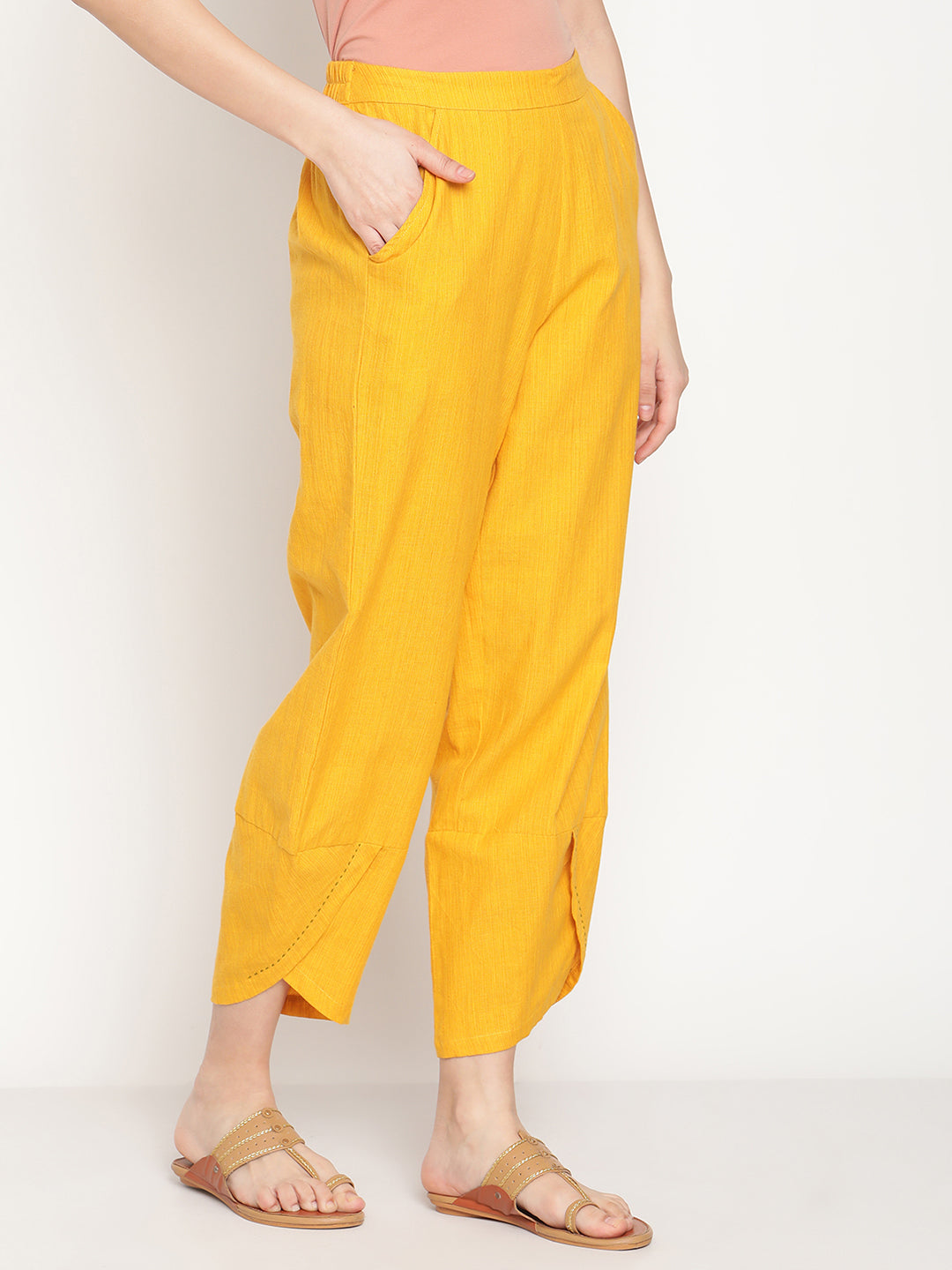 Cotton Flex Ochre Yellow Overlapped Hem Pants