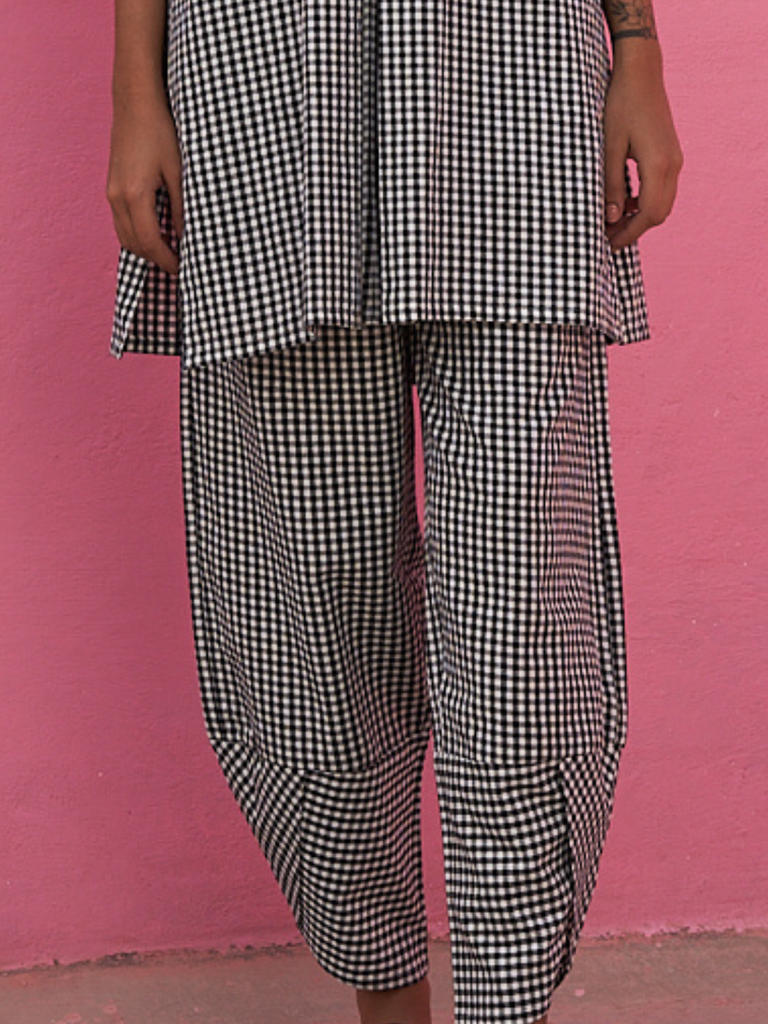 Gingham Checks Overlapped Hem Pants