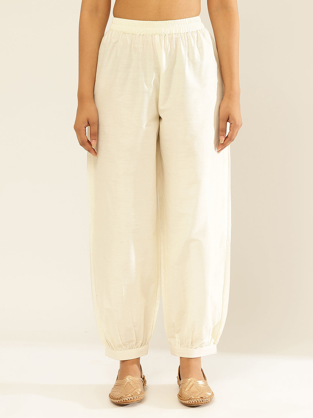 Cotton Viscose Elasticated Pathani Pants-Pearl White