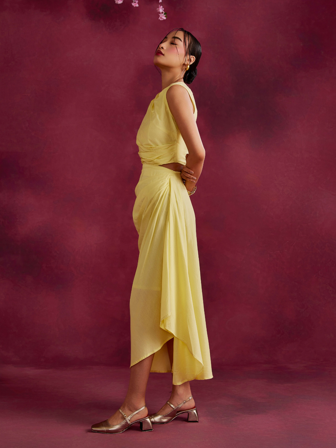 Pleated asymmetric drape skirt- Lemon yellow
