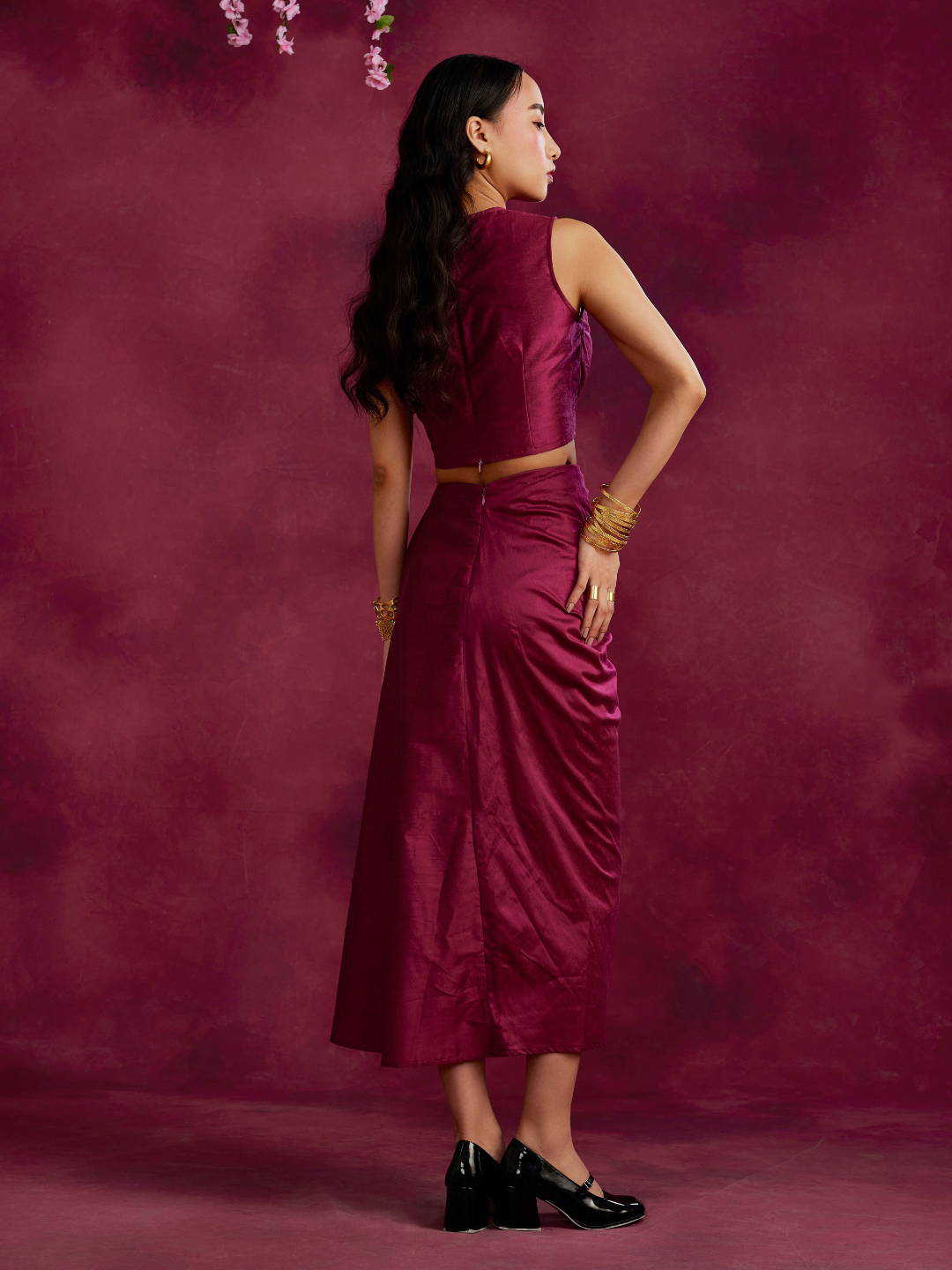Pleated asymmetric drape skirt- Cabaret pink