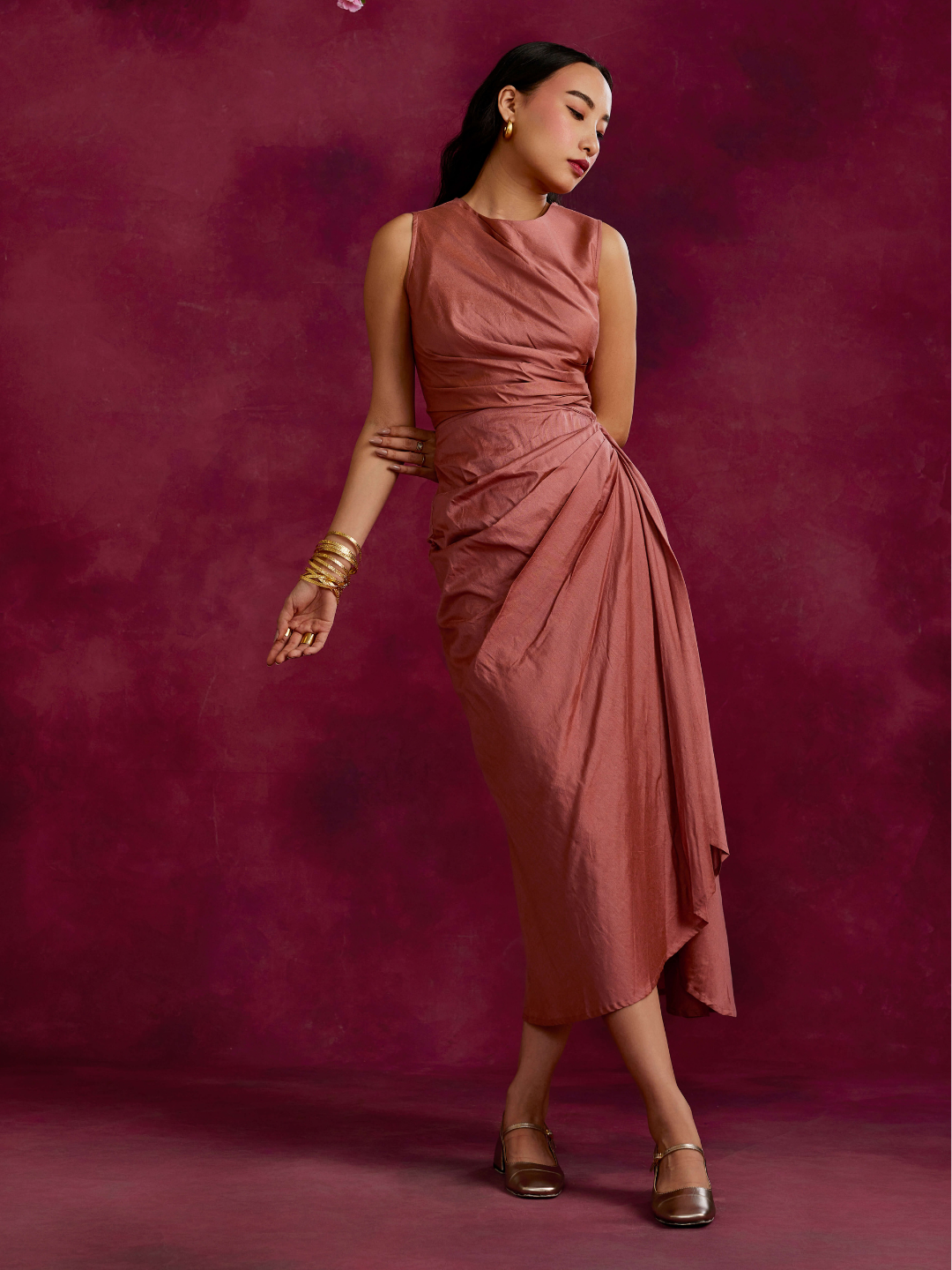 Pleated asymmetric drape skirt- Rose brown