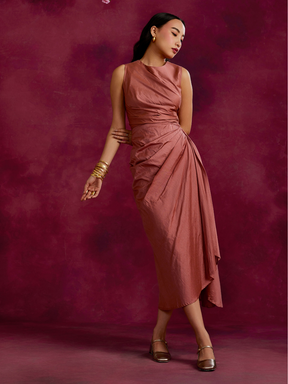 Pleated asymmetric drape skirt- Rose brown
