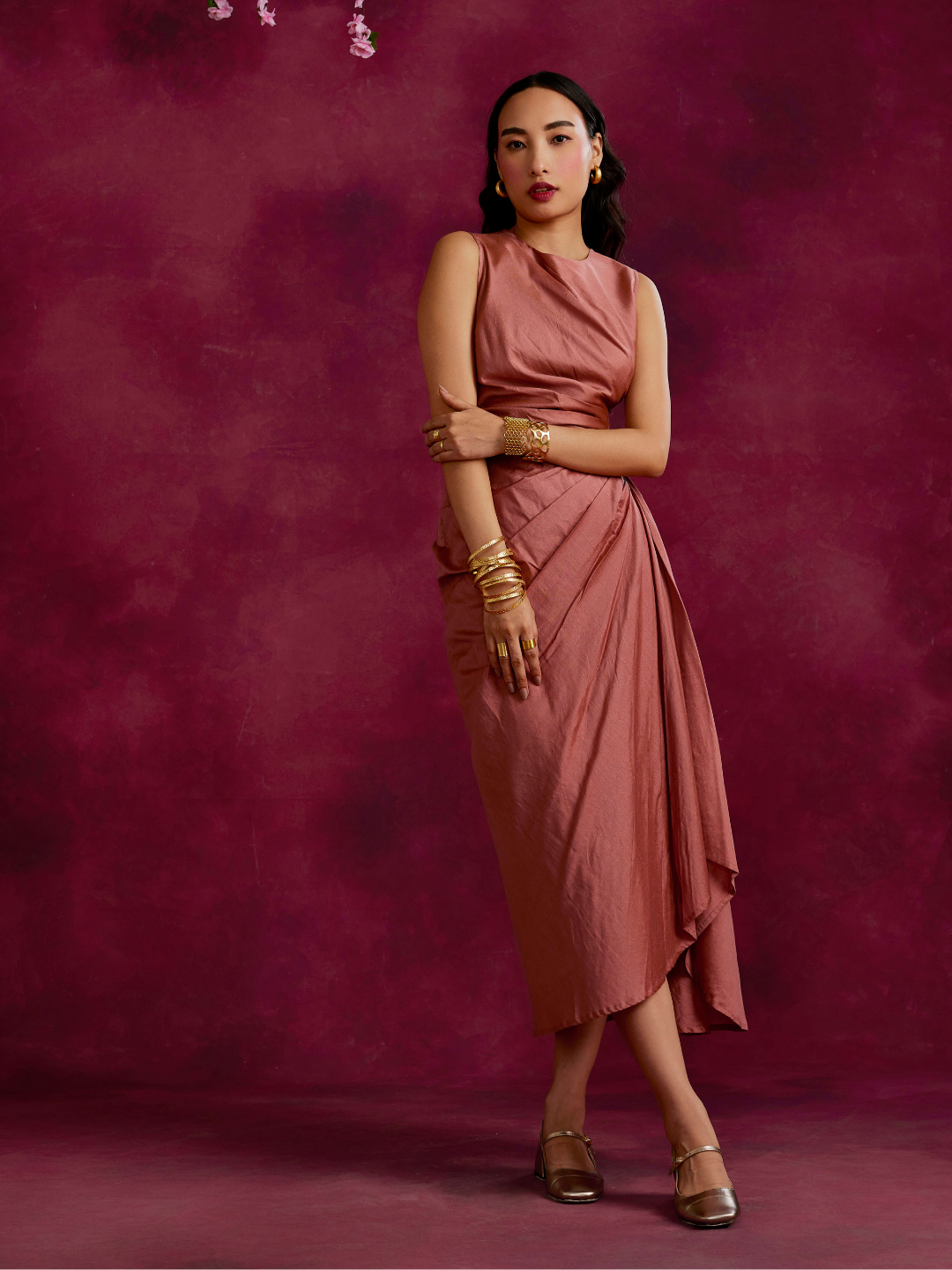 Pleated asymmetric drape skirt- Rose brown