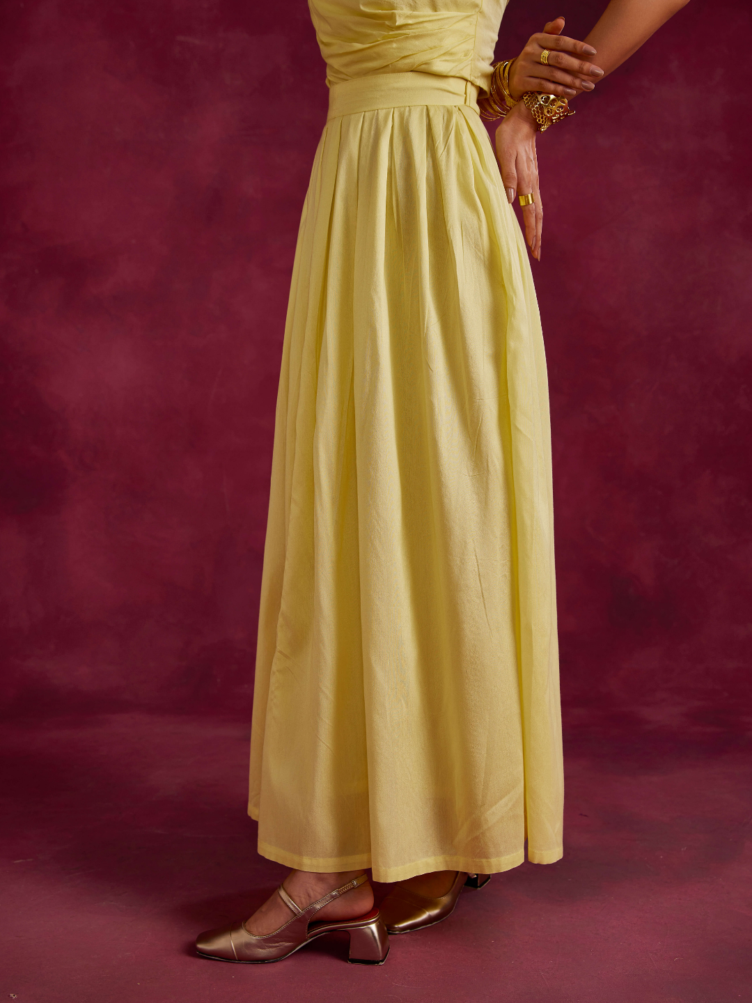 Box pleated maxi skirt with belt tie-up- Lemon yellow