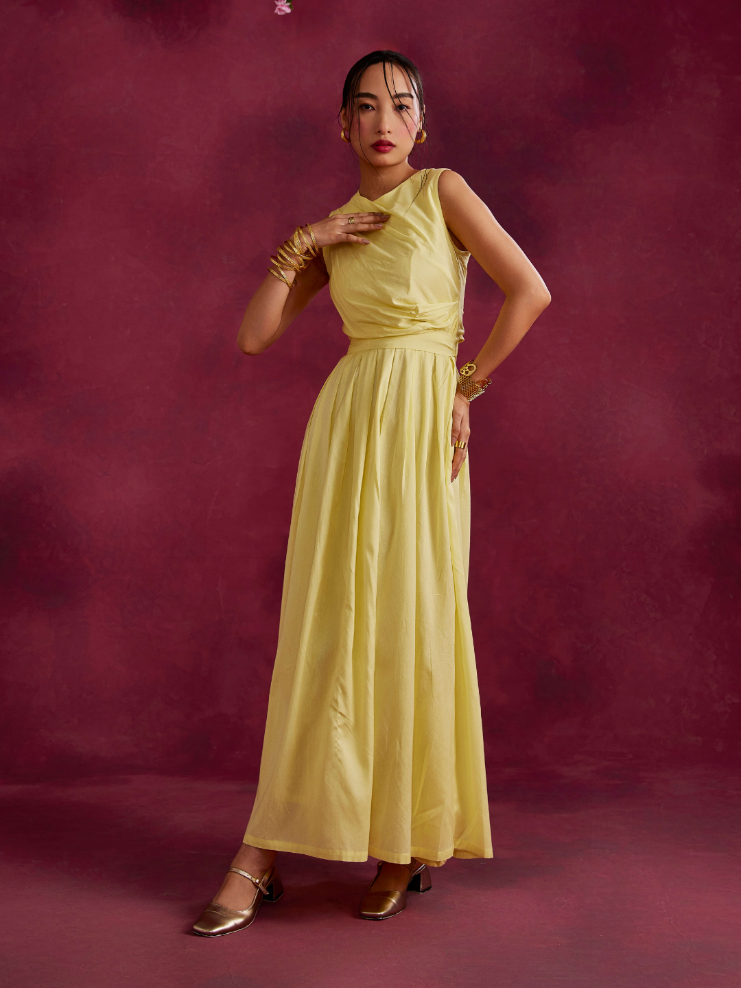 Box pleated maxi skirt with belt tie-up- Lemon yellow