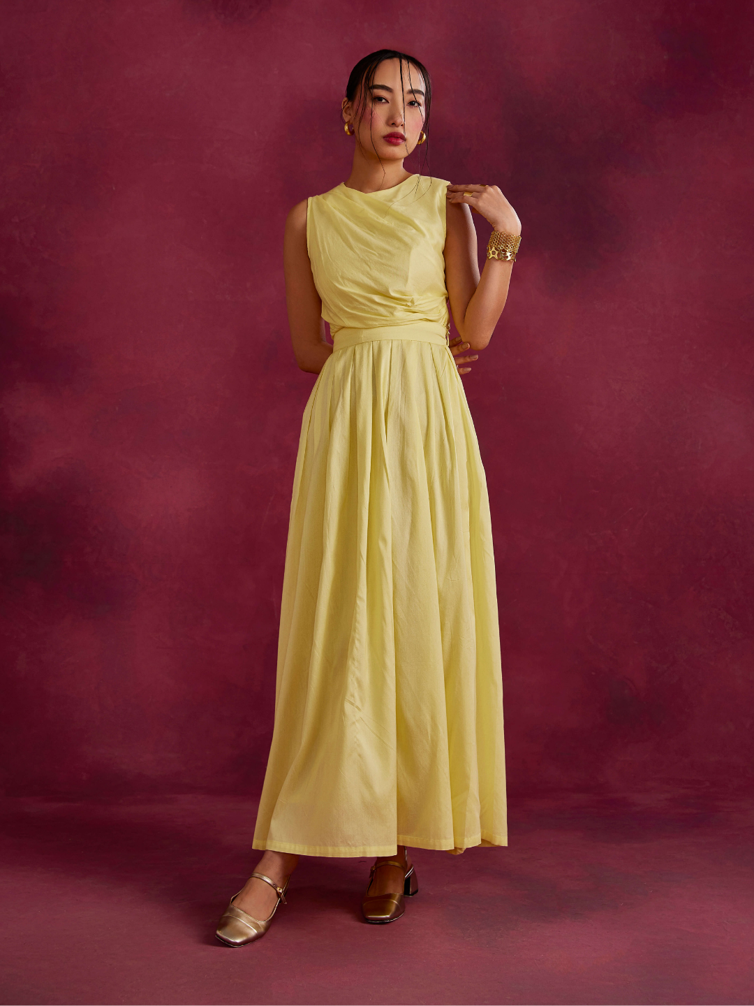 Box pleated maxi skirt with belt tie-up- Lemon yellow