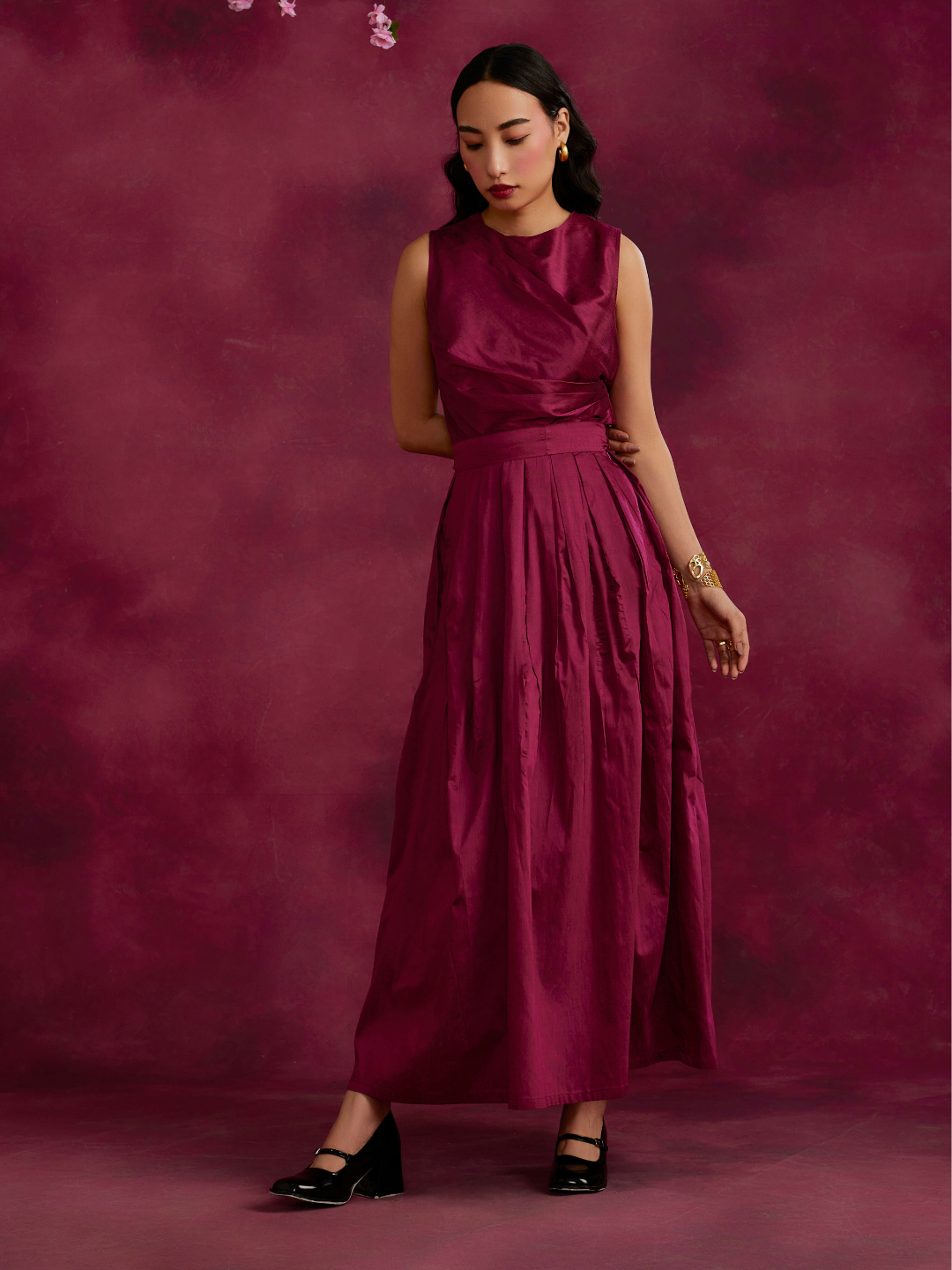 Box pleated maxi skirt with belt tie-up- Cabaret pink
