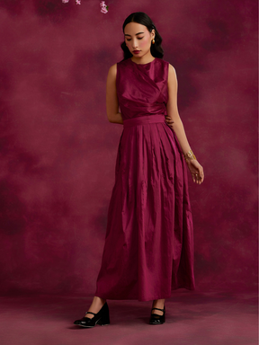 Box pleated maxi skirt with belt tie-up- Cabaret pink