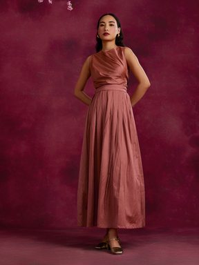 Box pleated maxi skirt with belt tie-up- Rose brown