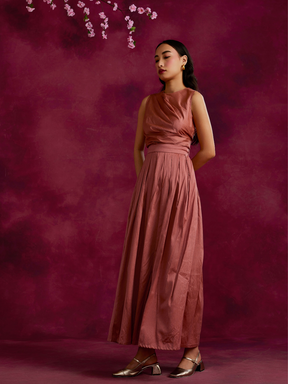 Box pleated maxi skirt with belt tie-up- Rose brown