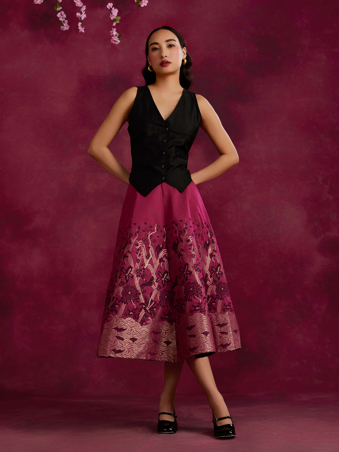 Panelled skirt with zari work hem- Cabaret pink