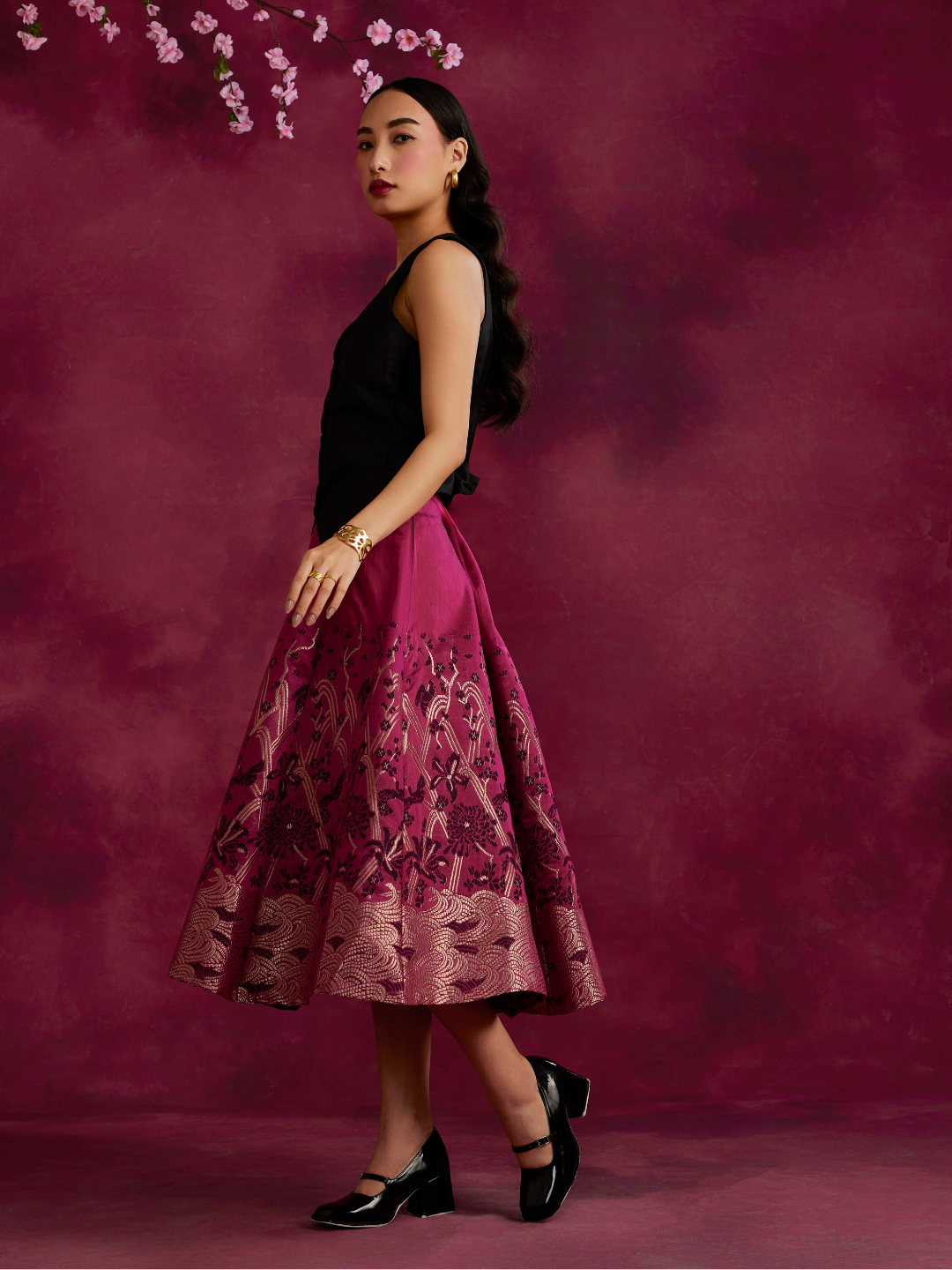 Panelled skirt with zari work hem- Cabaret pink