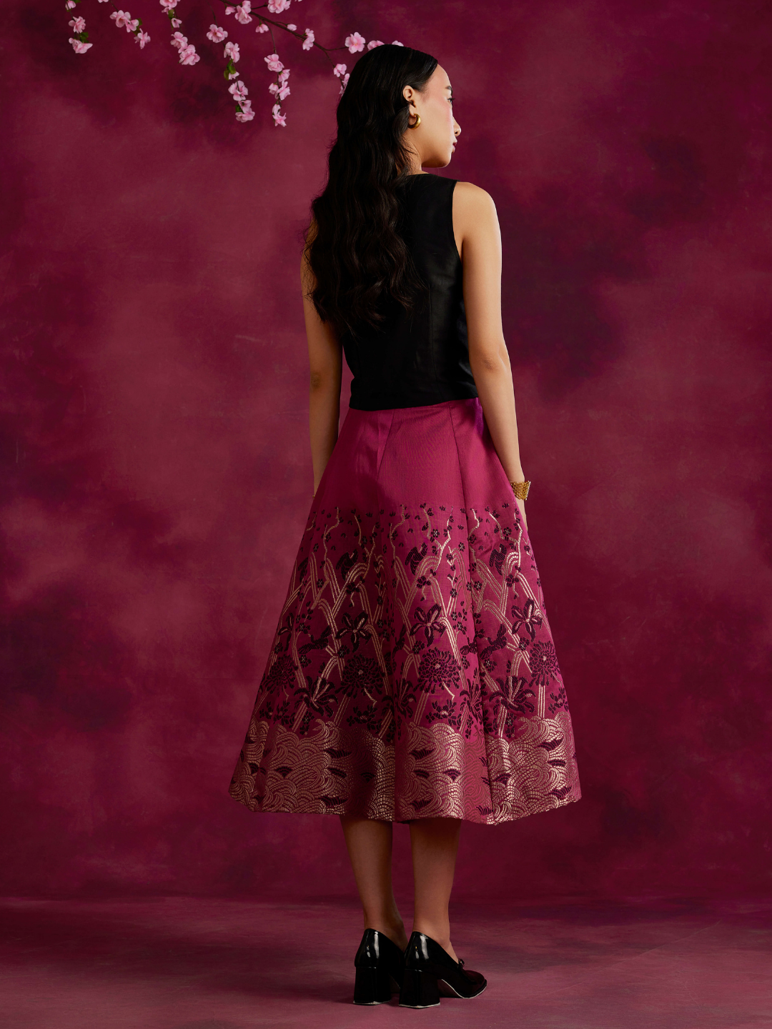 Panelled skirt with zari work hem- Cabaret pink