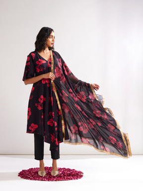 Gulmohar-printed dupatta adorned with gota lace- Rich black