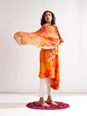 Gulmohar-printed dupatta adorned with gota lace- Spicy Orange