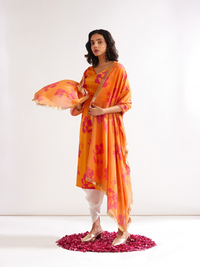 Gulmohar-printed dupatta adorned with gota lace- Spicy Orange