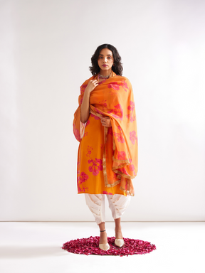 Gulmohar-printed dupatta adorned with gota lace- Spicy Orange