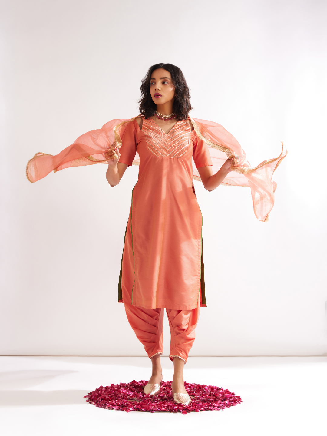 Banarasi dupatta adorned with gota lace- Peach fuzz