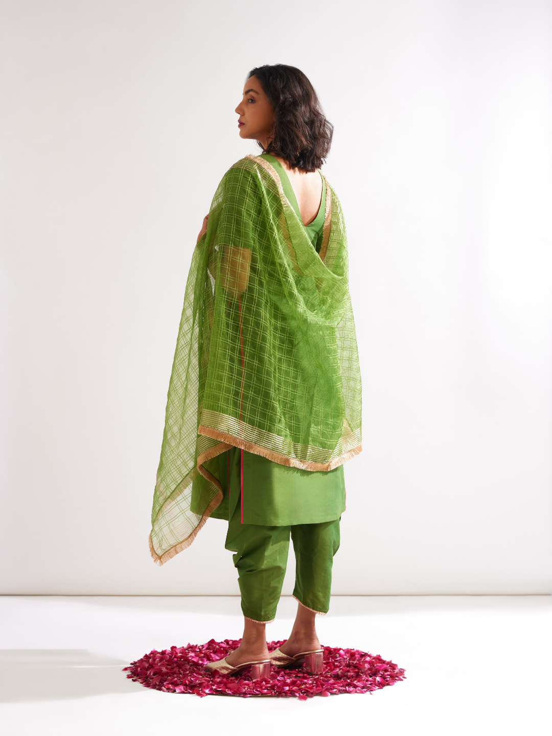 Banarasi checks dupatta adorned with gota lace- Pepper green