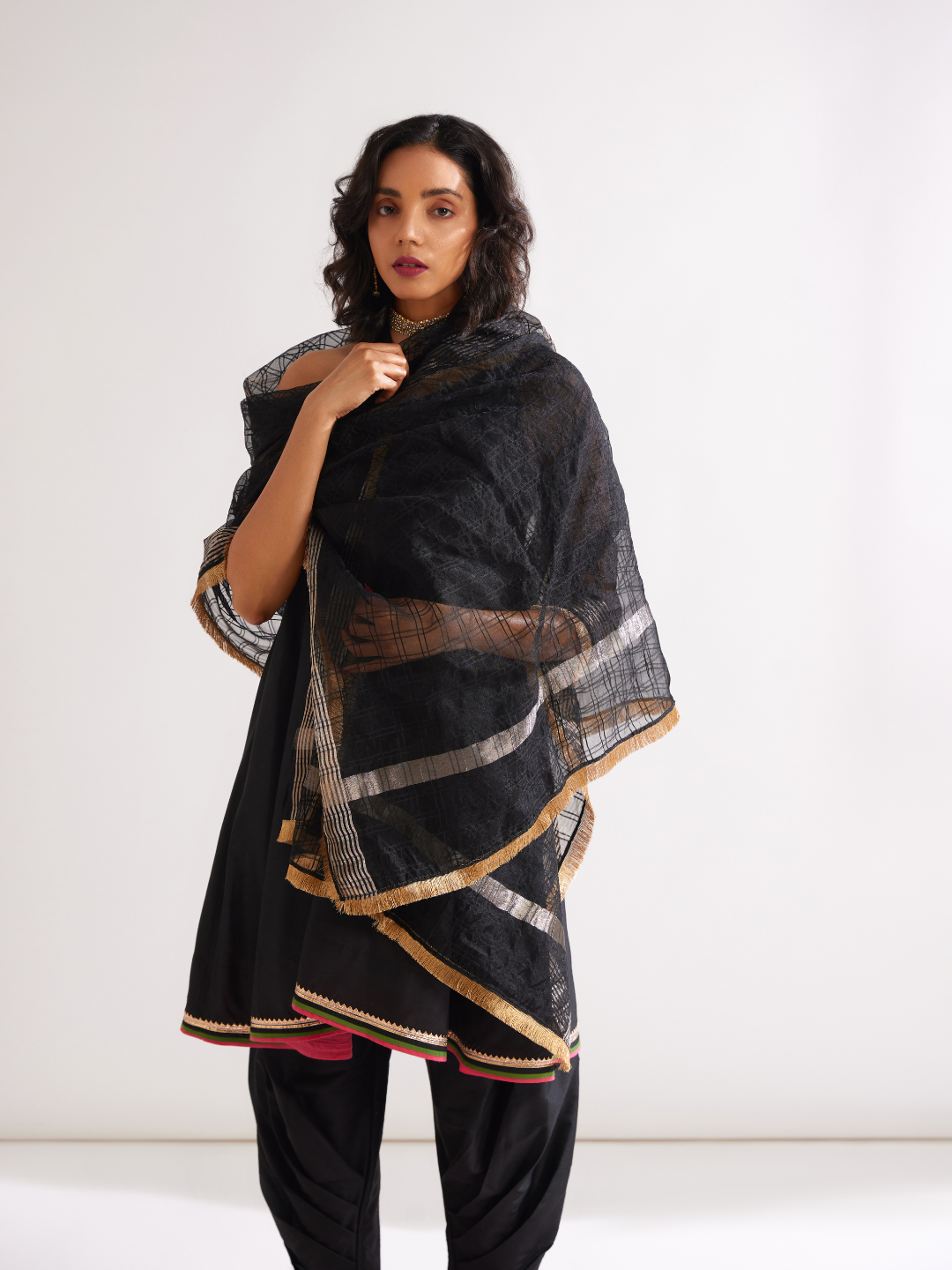 Banarasi checks dupatta adorned with gota lace- Rich black