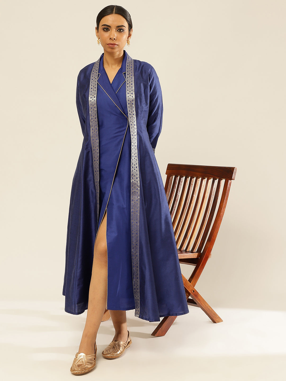Banarasi jacket with zari border-Imperial Blue