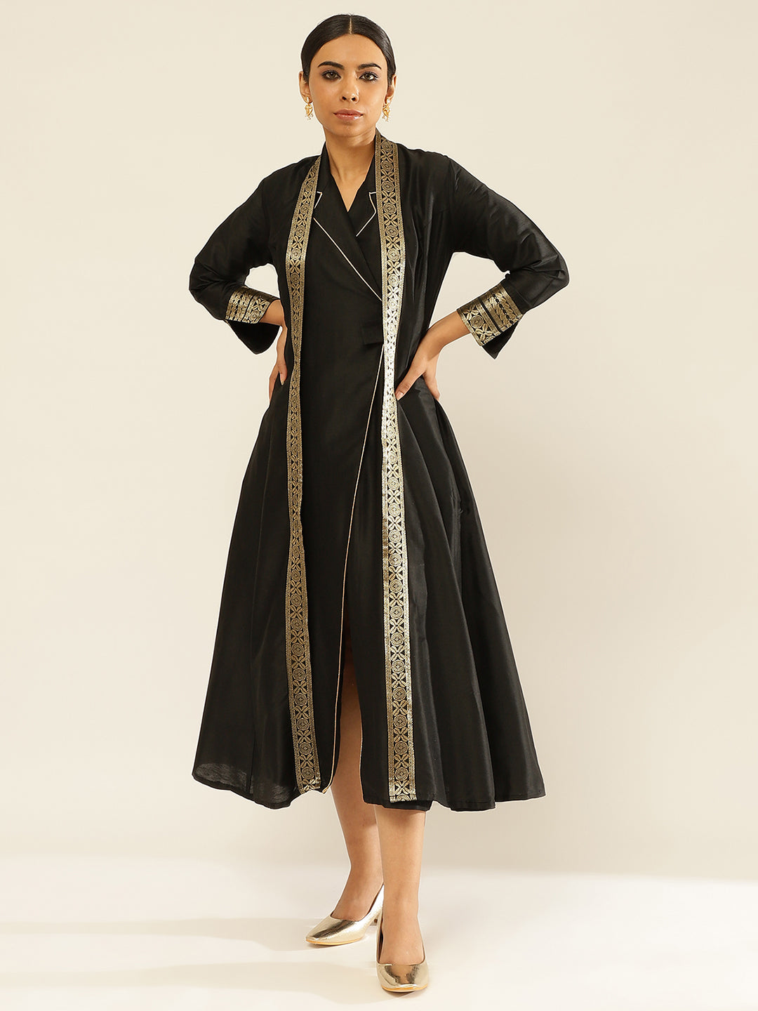 Banarasi jacket with zari border-Metallic Black