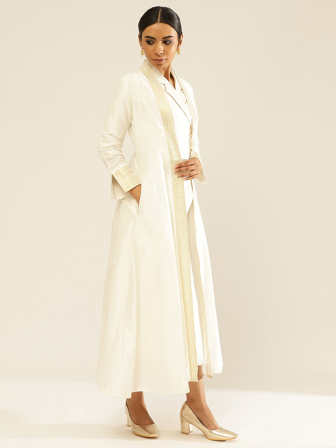 Banarasi jacket with zari border-Pearl white