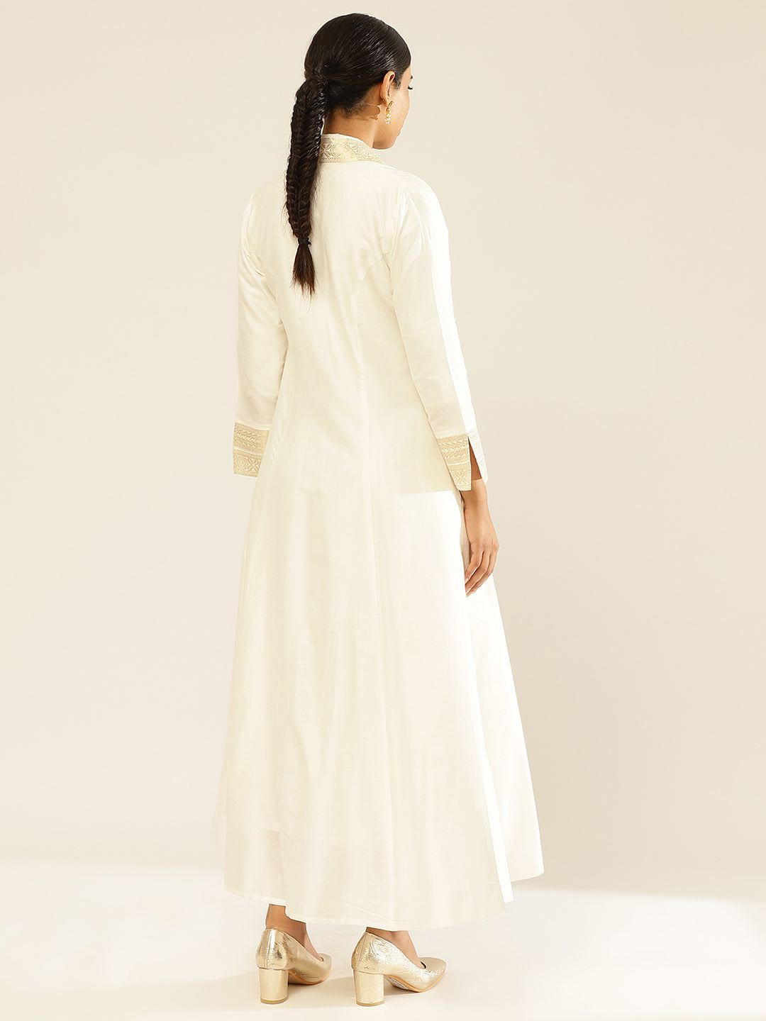 Banarasi jacket with zari border-Pearl white