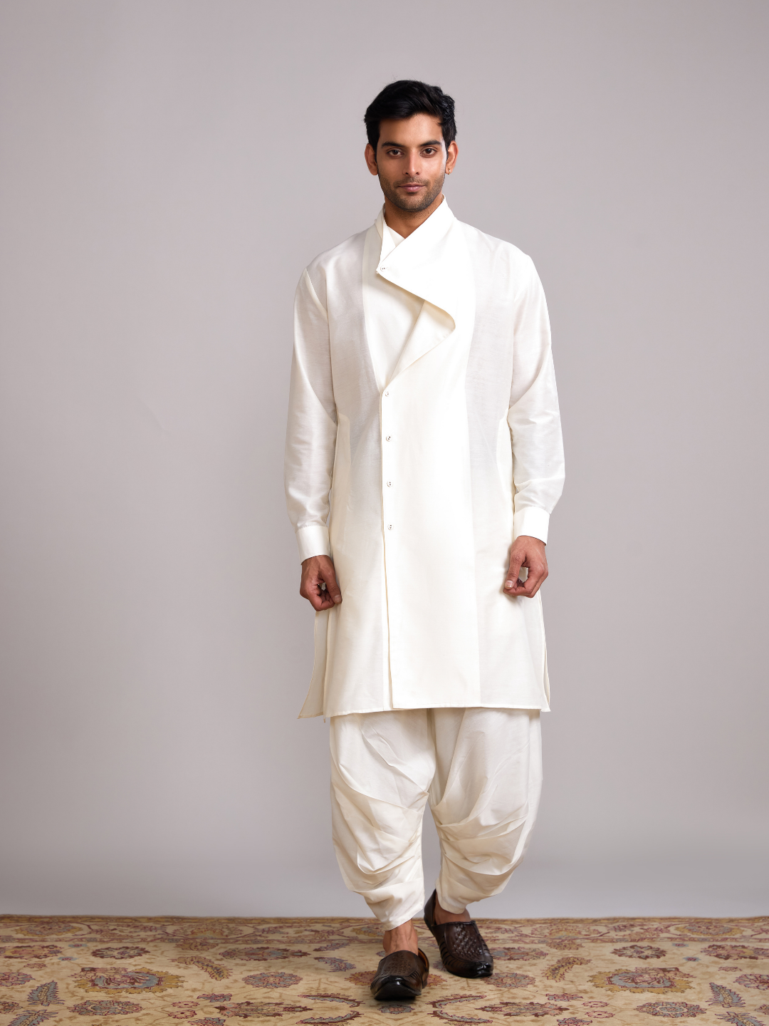 Overlap Drape neck kurta paired with side pleated pants- Ivory