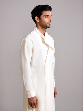 Overlap Drape neck kurta paired with side pleated pants- Ivory