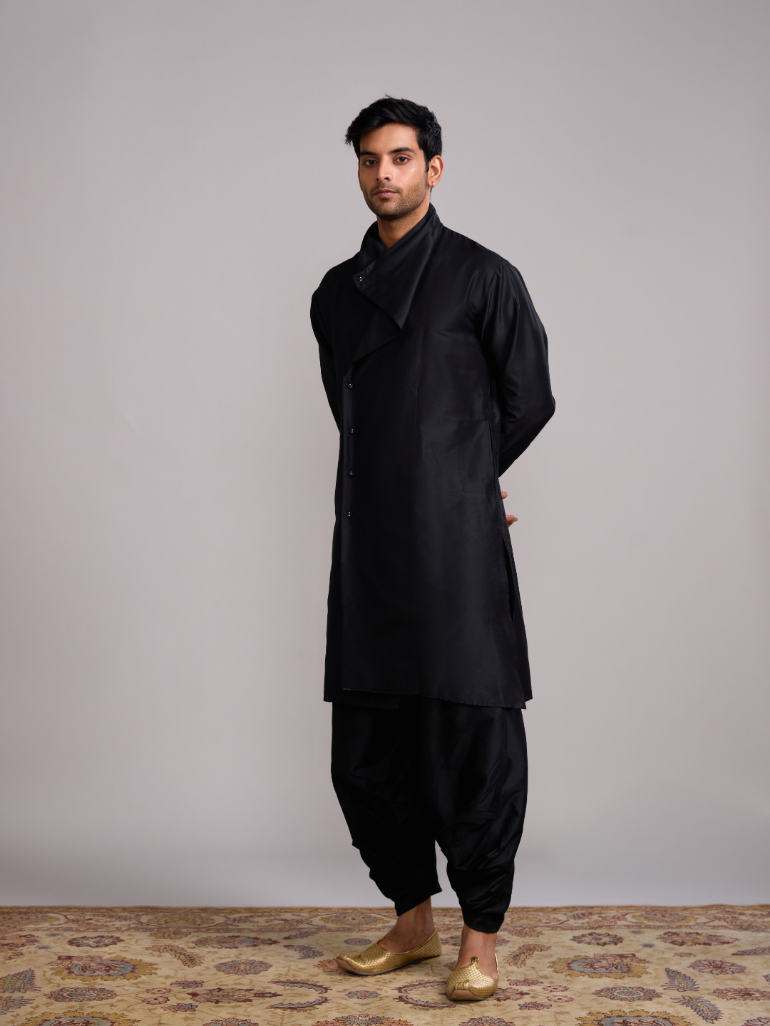 Overlap Drape neck kurta paired with side pleated pants- Rich Black