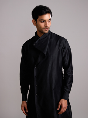 Overlap Drape neck kurta paired with side pleated pants- Rich Black