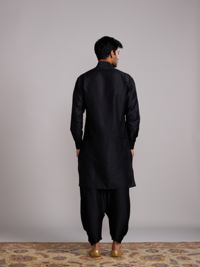 Overlap Drape neck kurta paired with side pleated pants- Rich Black