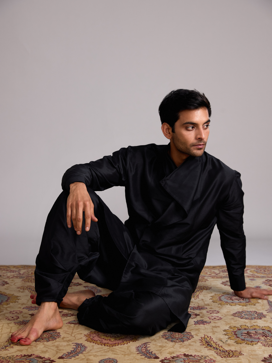 Overlap Drape neck kurta paired with side pleated pants- Rich Black