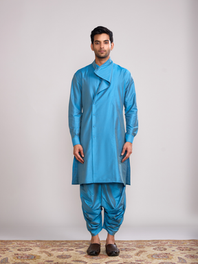 Overlap Drape neck kurta paired with side pleated pants- Blue moon