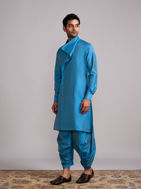 Overlap Drape neck kurta paired with side pleated pants- Blue moon