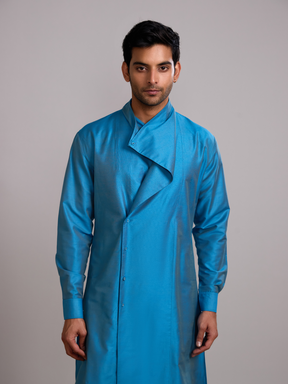 Overlap Drape neck kurta paired with side pleated pants- Blue moon