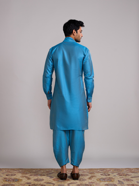 Overlap Drape neck kurta paired with side pleated pants- Blue moon