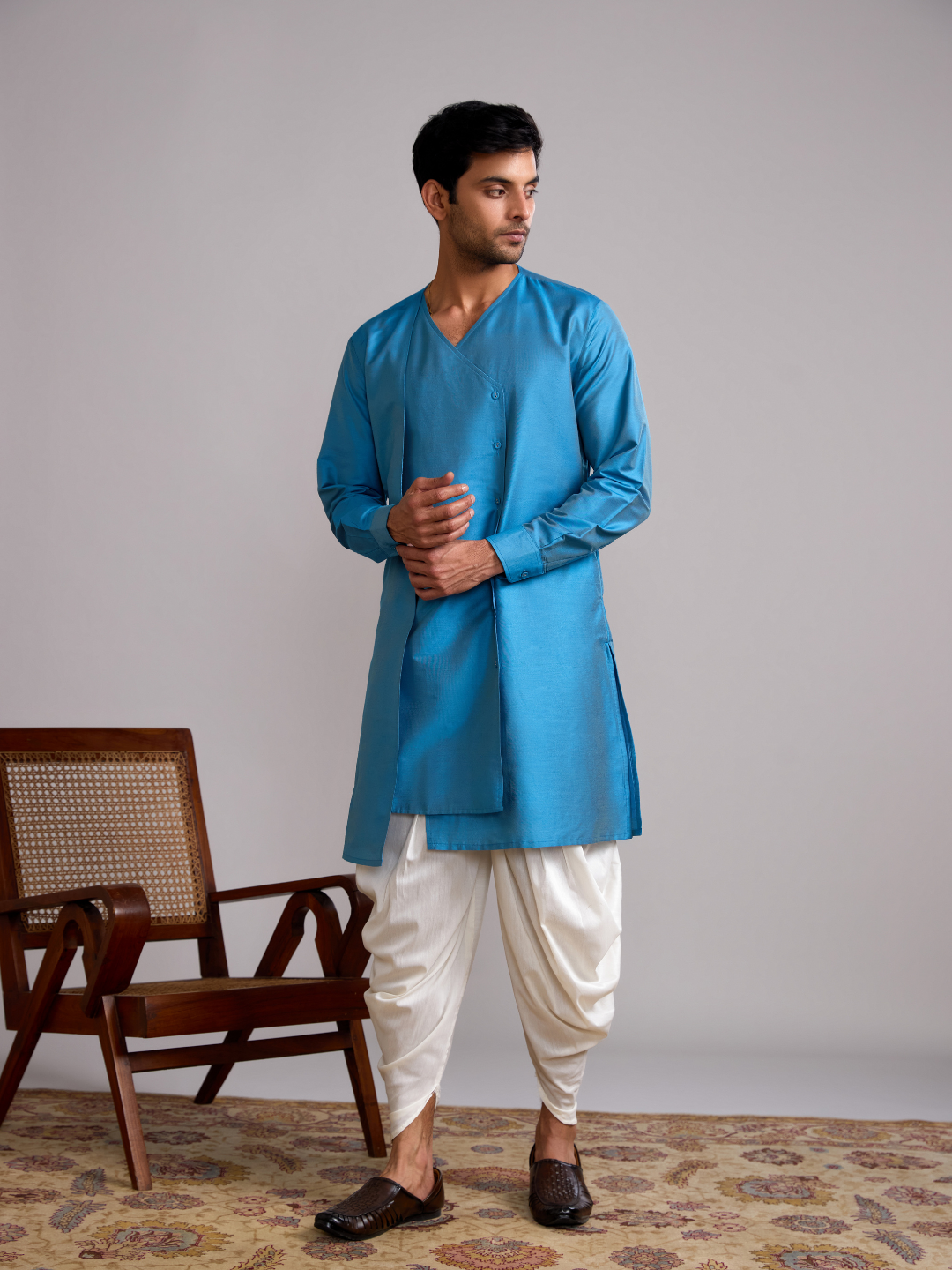 Overlap layered panel kurta paired with dhoti pants- Blue moon