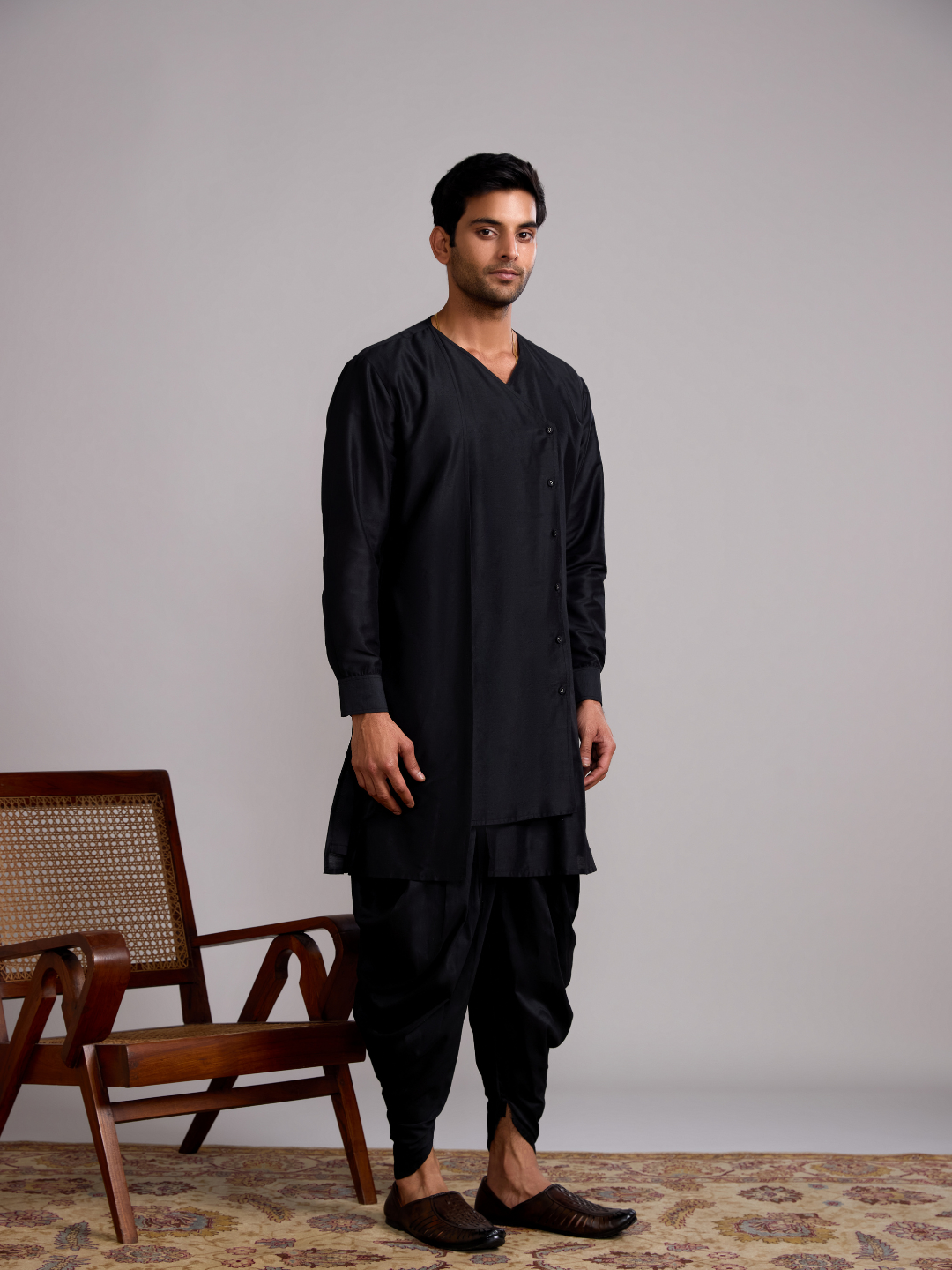 Overlap layered panel kurta paired with dhoti pants- Rich black