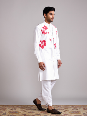 Gulmohar print jacket with mandarin collar straight kurta paired with overlapped hem pants- Ivory