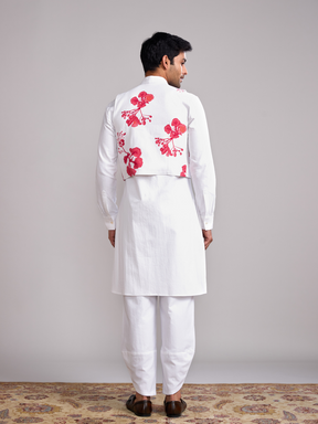 Gulmohar print jacket with mandarin collar straight kurta paired with overlapped hem pants- Ivory
