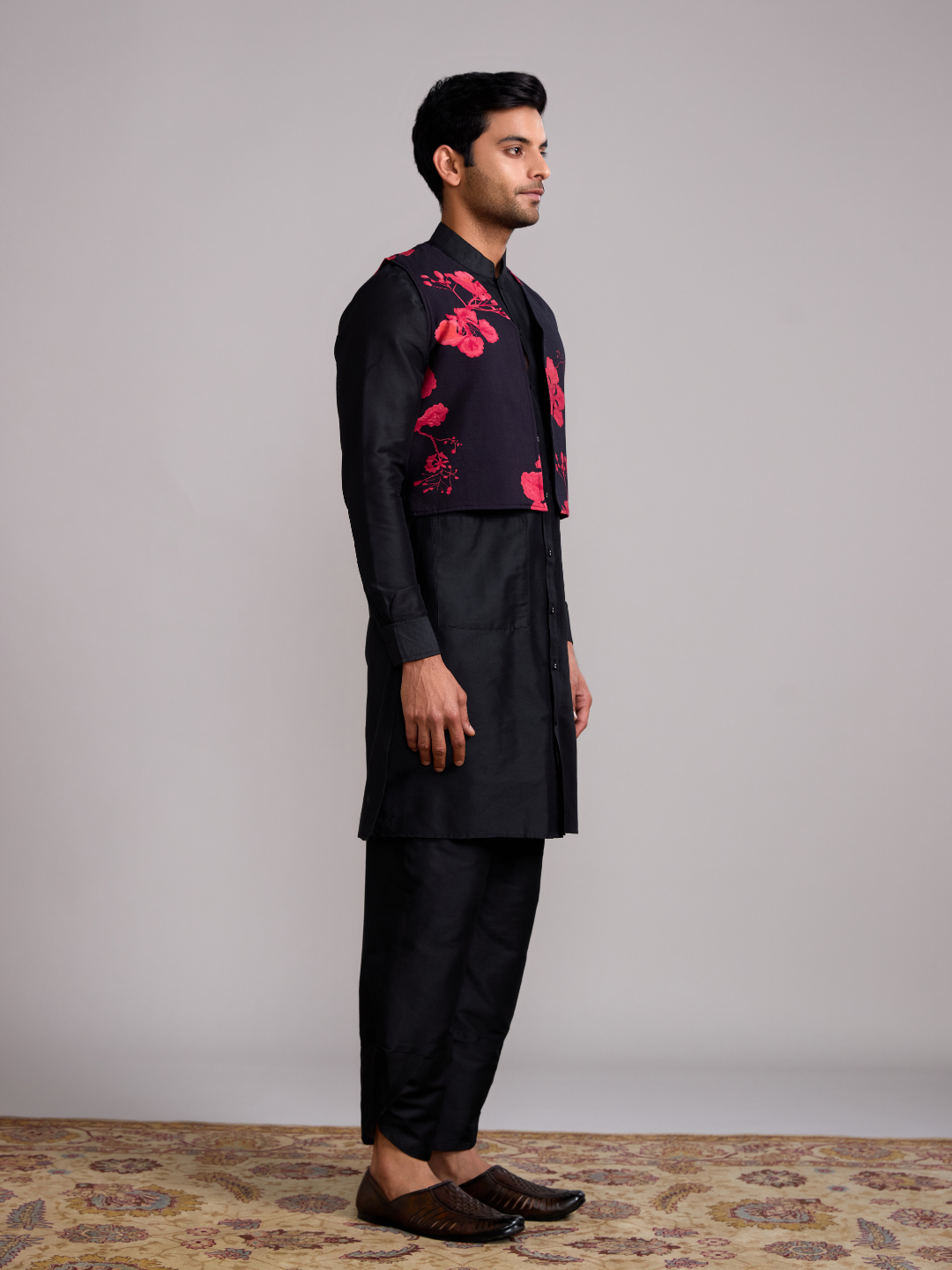 Gulmohar print jacket with mandarin collar straight kurta paired with overlapped hem pants- Rich black