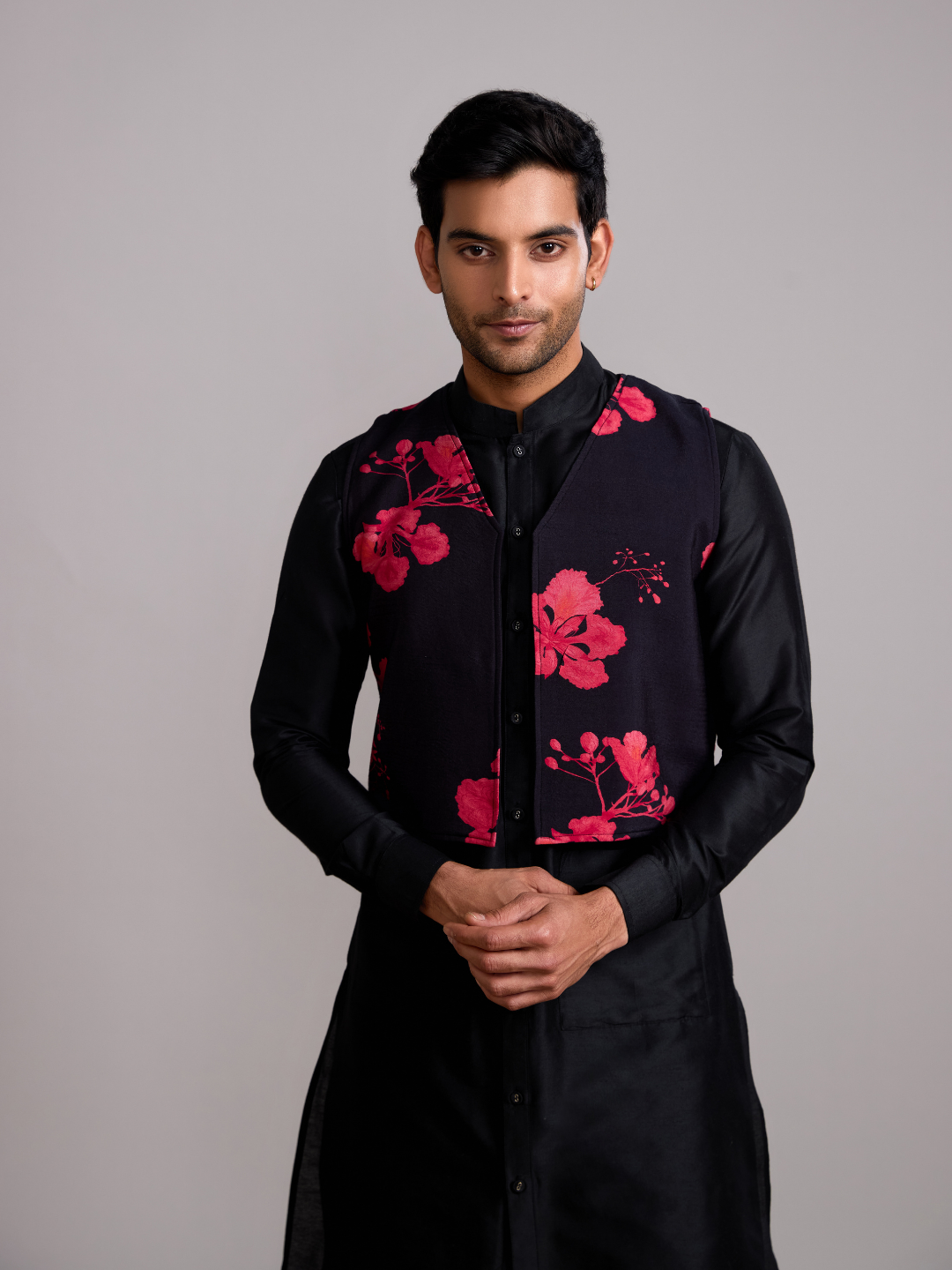 Gulmohar print jacket with mandarin collar straight kurta paired with overlapped hem pants- Rich black