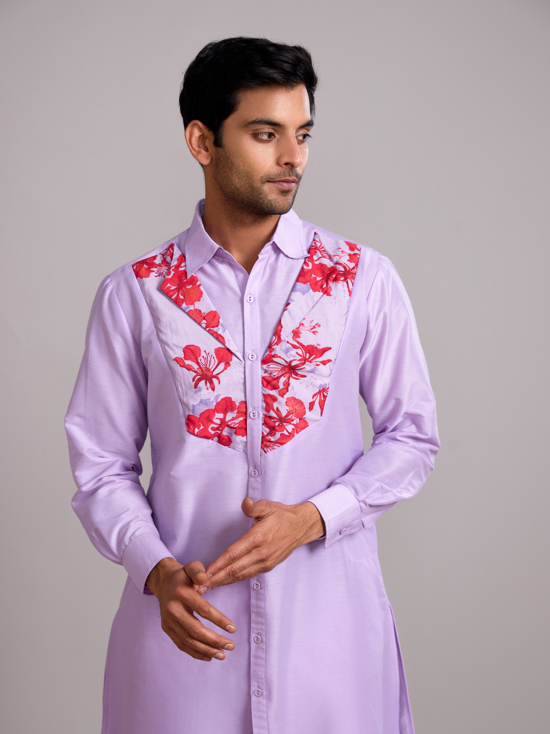 Gulmohar Classic collar straight kurta paired with straight pants- Lavender