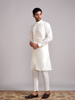 Mandarin collar front pleats straight kurta paired with straight pants- Ivory