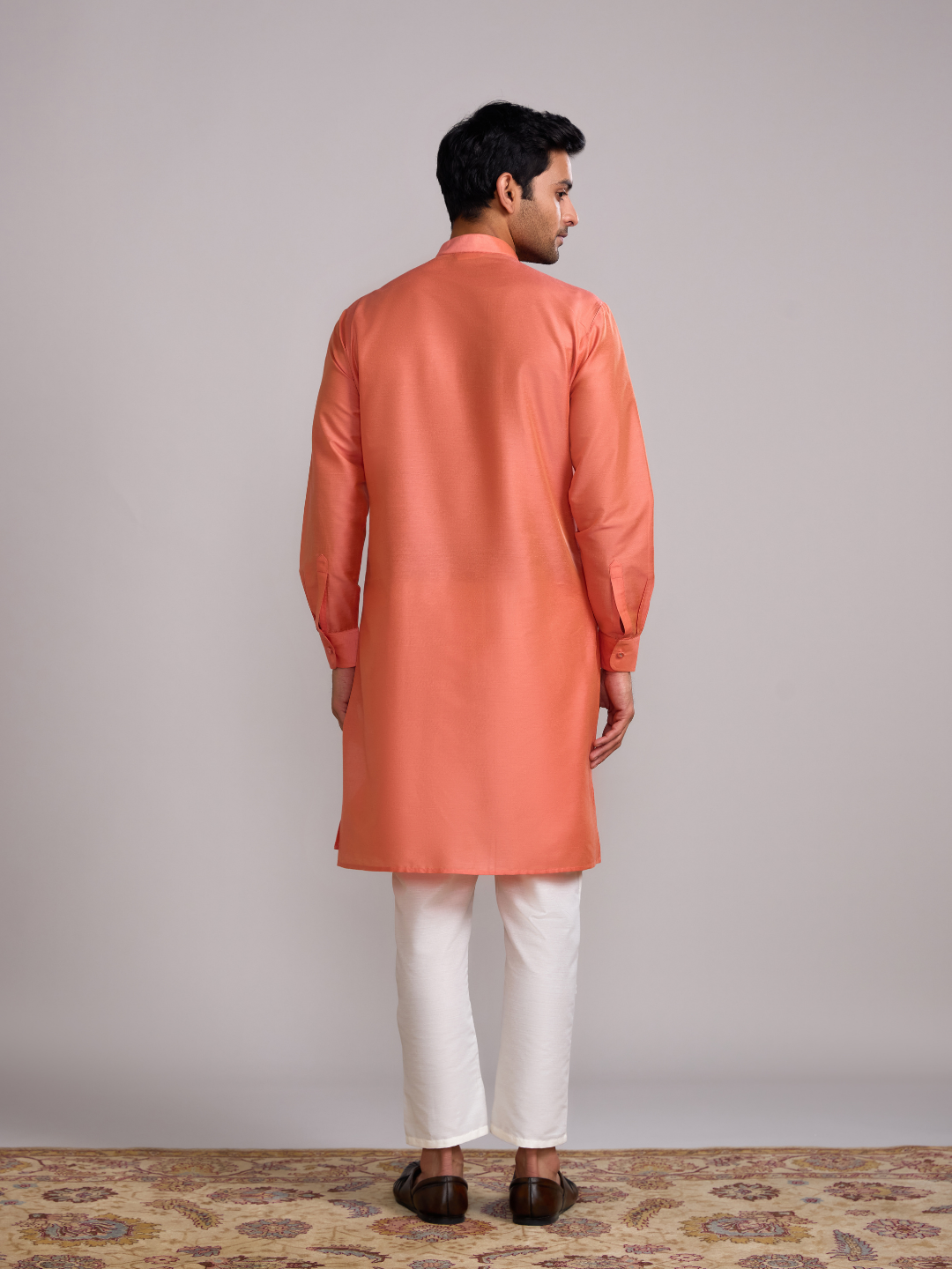 Mandarin collar front pleats straight kurta paired with straight pants- Peach Fuzz