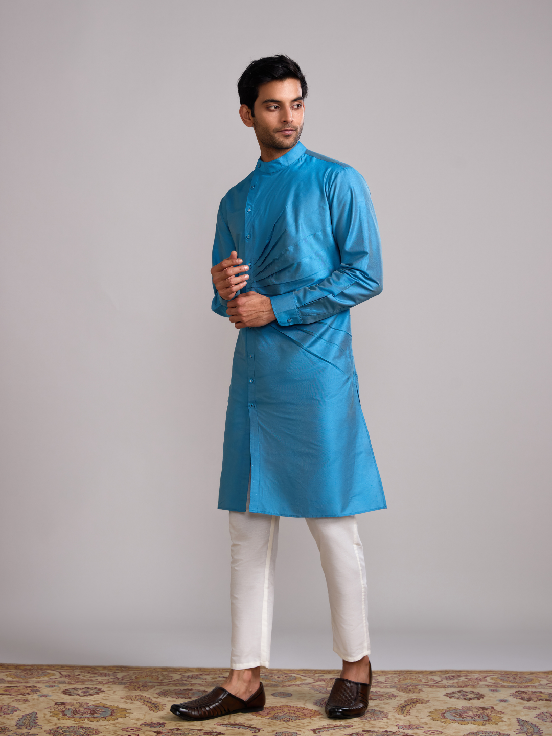 Mandarin collar front pleats straight kurta paired with straight pants- Blue moon