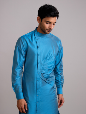 Mandarin collar front pleats straight kurta paired with straight pants- Blue moon